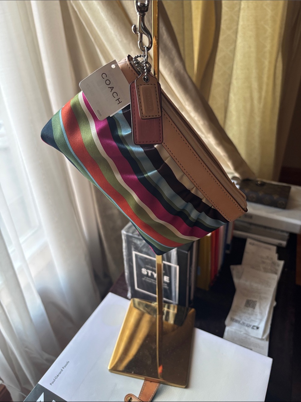 NWT Coach Legacy Stripe zipper wristlet pouch multicolored sateen leather 2005